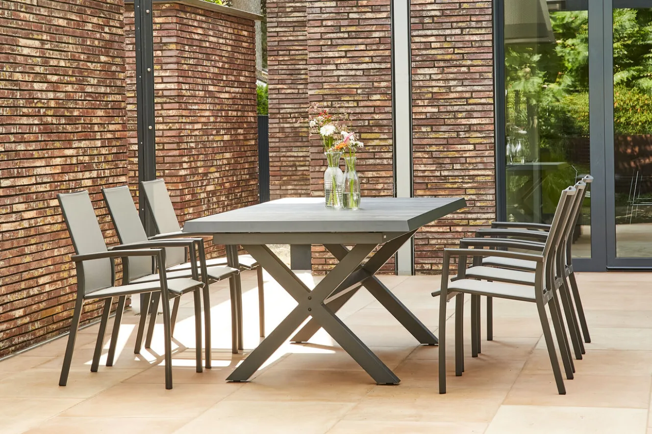 SIENA GARDEN Messina/Velia Garten-Essgruppe, anthrazit/grau, Alu/Ranotex®-Gewebe/Keramik, 200-260 x 100 cm, inkl. 6 Diningsessel