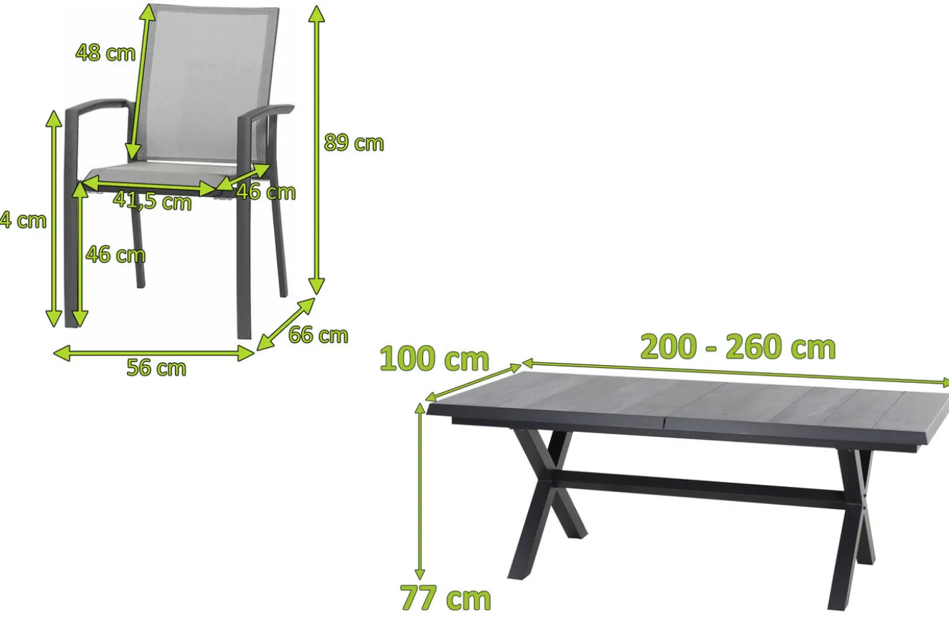 SIENA GARDEN Messina/Velia Garten-Essgruppe, anthrazit/grau, Alu/Ranotex®-Gewebe/Keramik, 200-260 x 100 cm, inkl. 6 Diningsessel