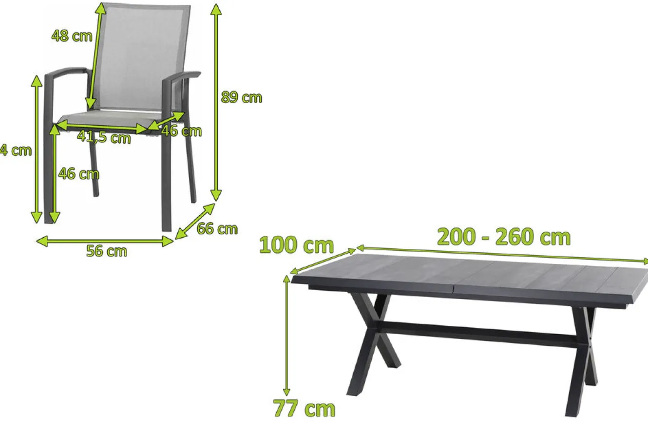 SIENA GARDEN Messina/Velia Garten-Essgruppe, anthrazit/grau, Alu/Ranotex®-Gewebe/Keramik, 200-260 x 100 cm, inkl. 6 Diningsessel