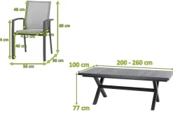 SIENA GARDEN Messina/Velia Garten-Essgruppe, anthrazit/grau, Alu/Ranotex®-Gewebe/Keramik, 200-260 x 100 cm, inkl. 6 Diningsessel
