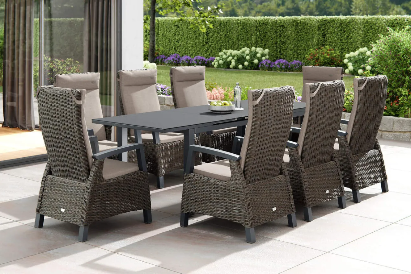 SIENA GARDEN Miros/Corido Garten-Essgruppe, anthrazit, Aluminium/Glas/Gardino®-Geflecht, Ausziehtisch 180/240x90 cm, 8 Sessel