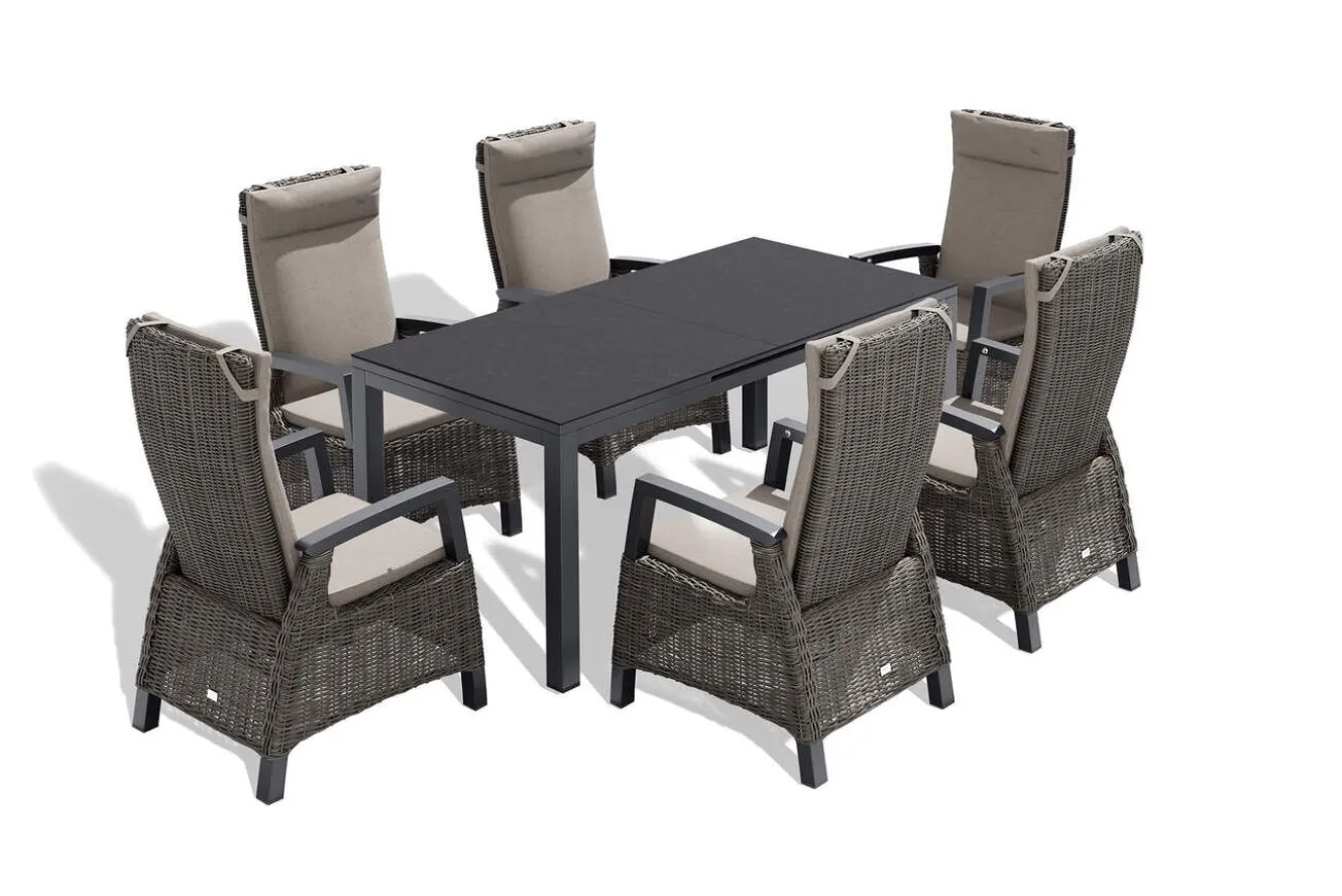 SIENA GARDEN Miros/Corido Garten-Essgruppe, anthrazit/charcoal, Alu/Gardino®-Geflecht, Ausziehtisch 180/240x90 cm, 6 Sessel