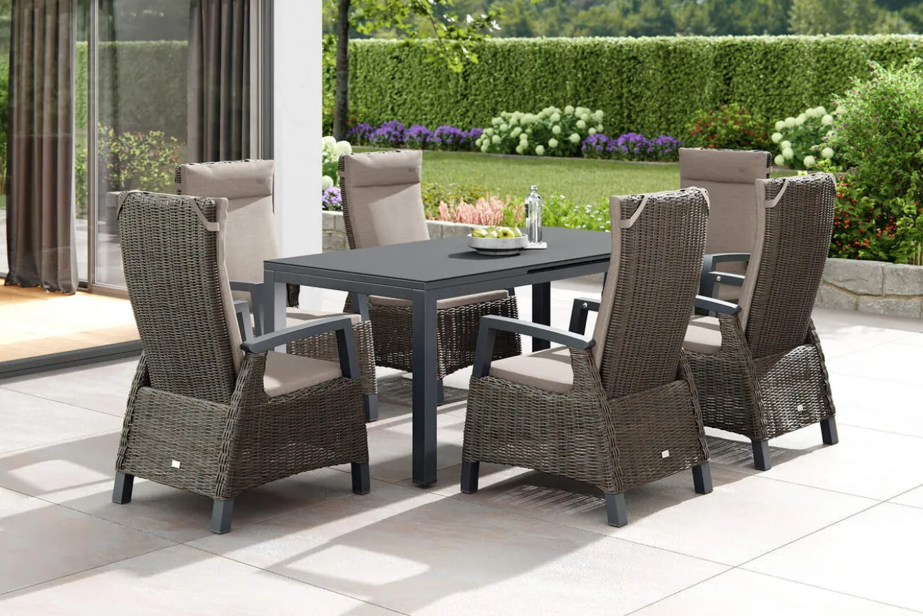 SIENA GARDEN Miros/Corido Garten-Essgruppe, anthrazit/charcoal, Alu/Gardino®-Geflecht, Ausziehtisch 180/240x90 cm, 6 Sessel
