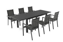 SIENA GARDEN Miros Garten-Essgruppe, anthrazit/dark concrete, Alu/Glas, Ausziehtisch 180/240cm, 6x Stapelsessel, Witterungsbeständig
