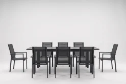 SIENA GARDEN Miros Garten-Essgruppe, anthrazit/Dark Concrete, Aluminium/Glas, Ausziehtisch 180/240x90 cm, 8x Stapelsessel, Robust