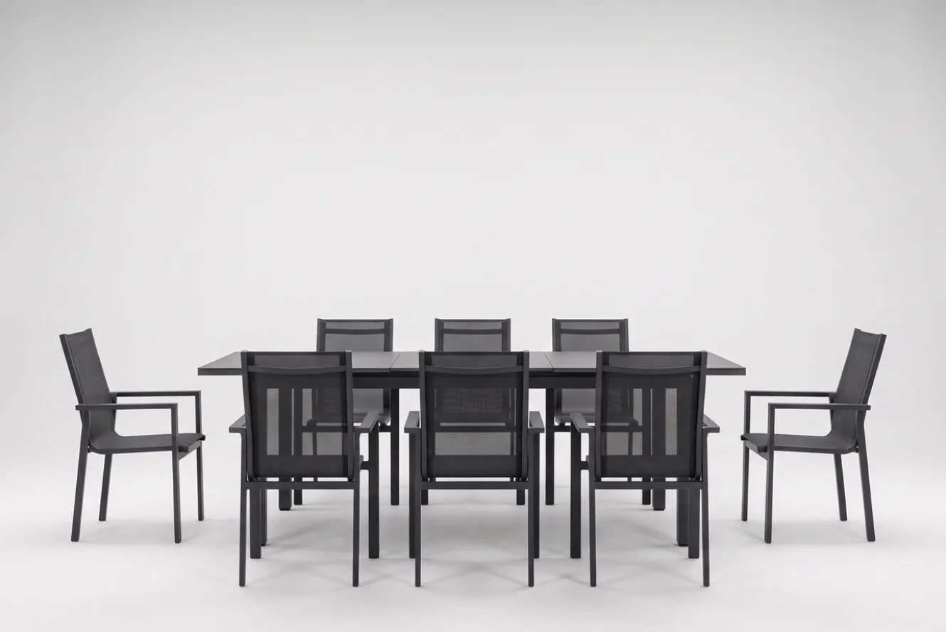 SIENA GARDEN Miros Garten-Essgruppe, anthrazit/Dark Concrete, Aluminium/Glas, Ausziehtisch 180/240x90 cm, 8x Stapelsessel, Robust