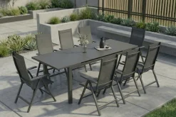 SIENA GARDEN Miros Garten-Essgruppe, anthrazit/dark concrete, Aluminium/Glas, Tisch 180/240x90 cm, 8x Klappstühle, Ausziehbar