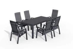 SIENA GARDEN Miros/Milano Garten-Essgruppe, anthrazit, Alu/Ranotex-Gewebe, Ausziehtisch 180/240x90cm, 6 Stapelsessel