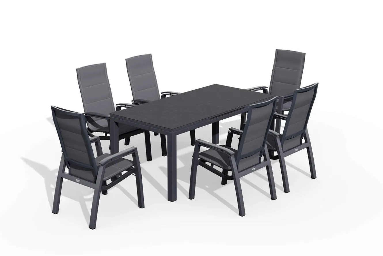 SIENA GARDEN Miros/Milano Garten-Essgruppe, anthrazit, Alu/Ranotex-Gewebe, Ausziehtisch 180/240x90cm, 6 Stapelsessel