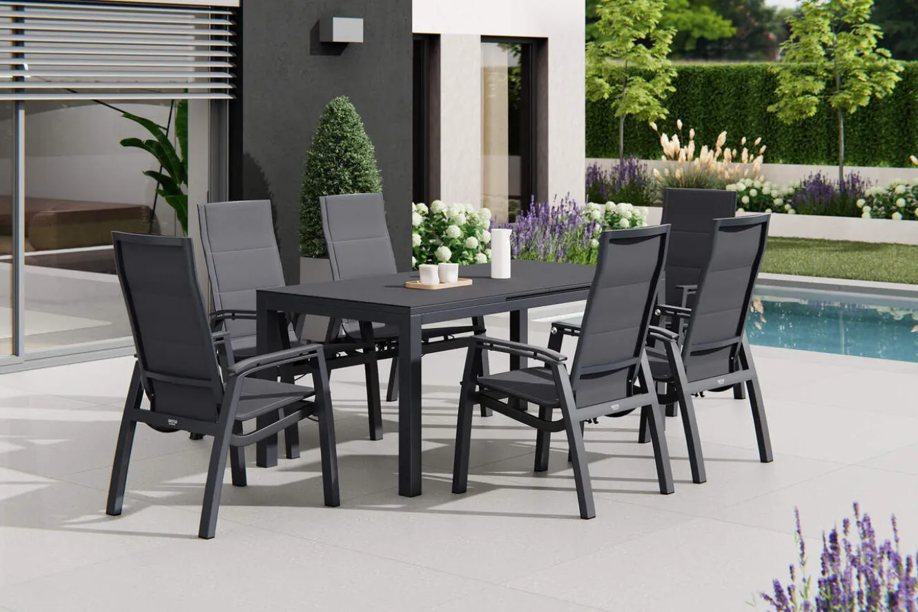 SIENA GARDEN Miros/Milano Garten-Essgruppe, anthrazit, Alu/Ranotex-Gewebe, Ausziehtisch 180/240x90cm, 6 Stapelsessel