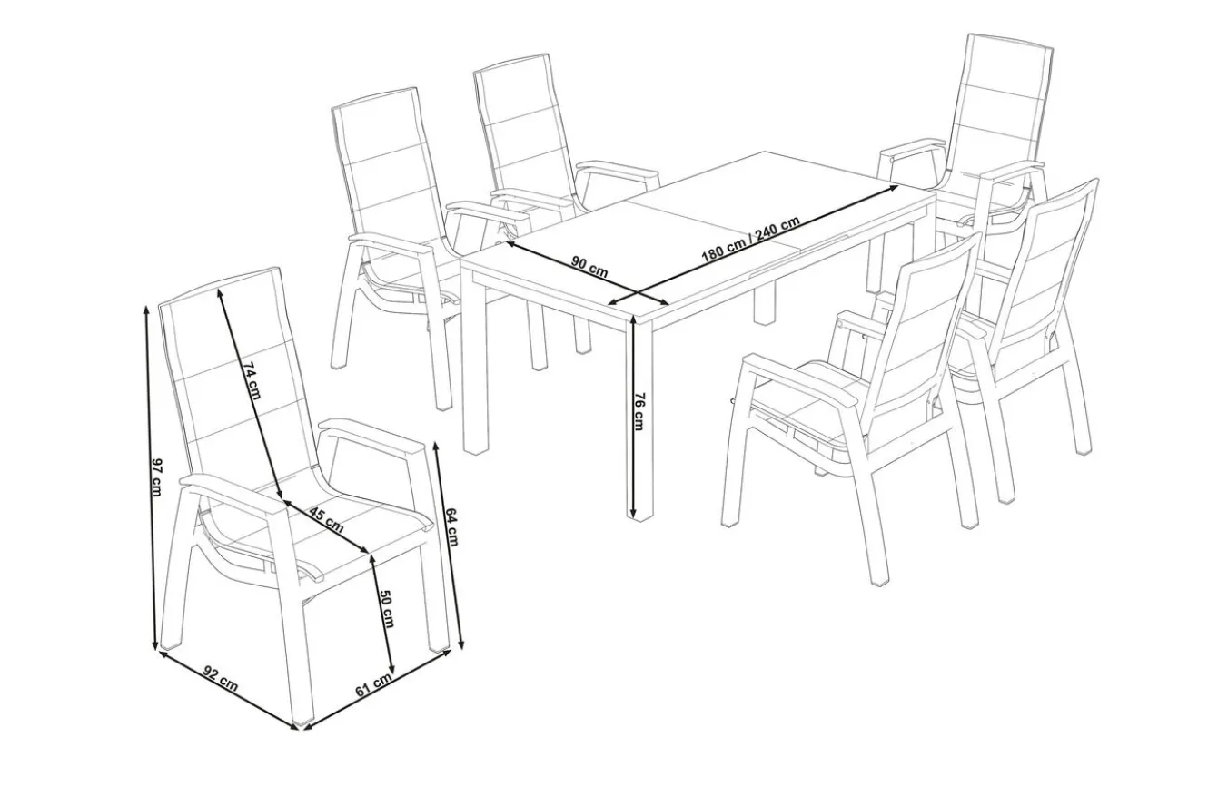 SIENA GARDEN Miros/Milano Garten-Essgruppe, anthrazit, Alu/Ranotex-Gewebe, Ausziehtisch 180/240x90cm, 6 Stapelsessel
