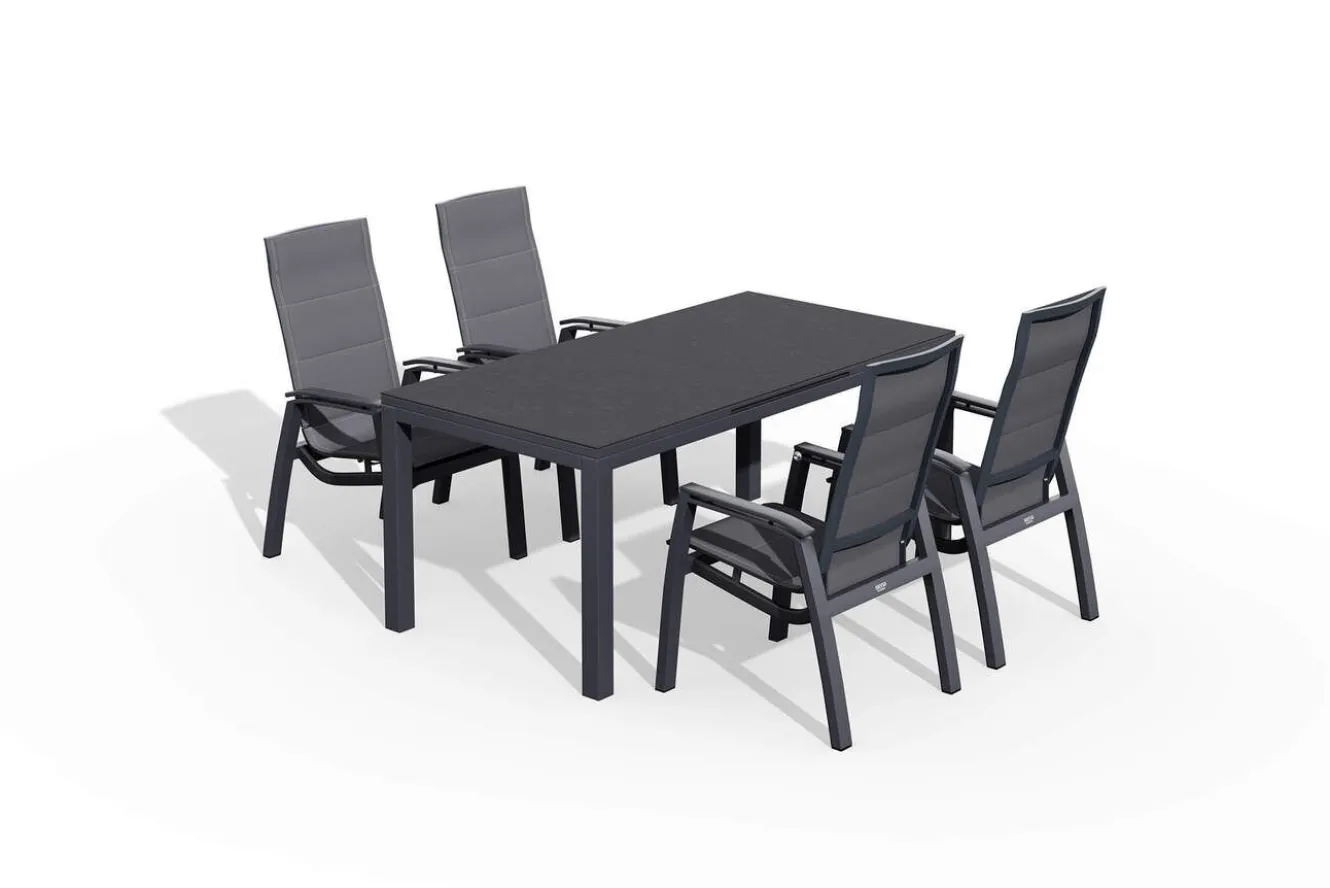 SIENA GARDEN Miros/Milano Garten-Essgruppe, anthrazit, Alu/Ranotex-Gewebe, Ausziehtisch 180/240x90 cm, 4 Stapelsessel
