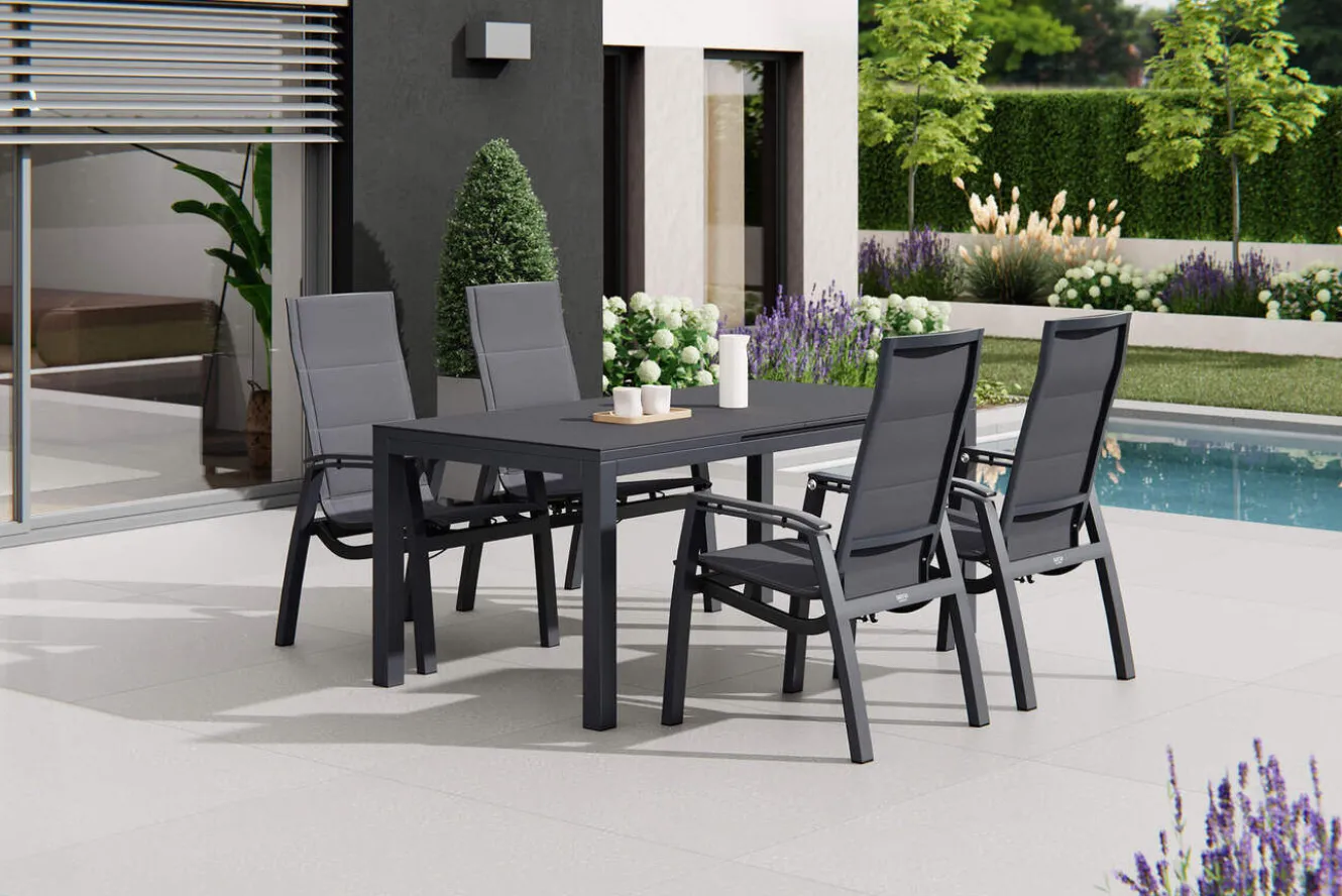 SIENA GARDEN Miros/Milano Garten-Essgruppe, anthrazit, Alu/Ranotex-Gewebe, Ausziehtisch 180/240x90 cm, 4 Stapelsessel