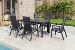 SIENA GARDEN Miros/Rondo Garten-Essgruppe, anthrazit, Alu/Ranotex-Gewebe, Ausziehtisch 180/240 x 90 cm, 6 Stapelsessel