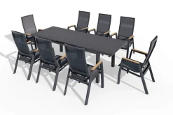 SIENA GARDEN Miros/Rondo Garten-Essgruppe, anthrazit, Alu/Ranotex-Gewebe, Ausziehtisch 180/240 x 90 cm, 8 Stapelsessel