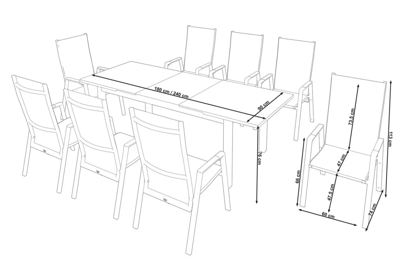 SIENA GARDEN Miros/Savona Move Garten-Essgruppe, anthrazit, Alu/Textilene, Ausziehtisch 180/240x90 cm, 8 Stapelsessel