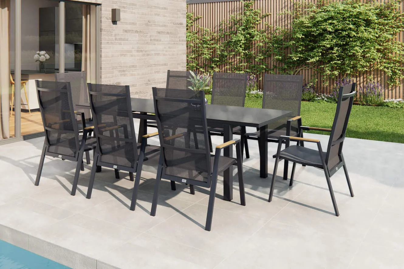 SIENA GARDEN Miros/Savona Move Garten-Essgruppe, anthrazit, Alu/Textilene, Ausziehtisch 180/240x90 cm, 8 Stapelsessel