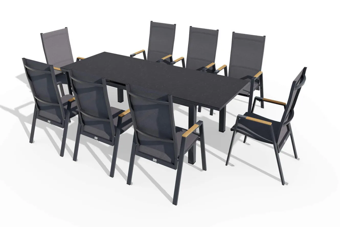 SIENA GARDEN Miros/Savona Move Garten-Essgruppe, anthrazit, Alu/Textilene, Ausziehtisch 180/240x90 cm, 8 Stapelsessel