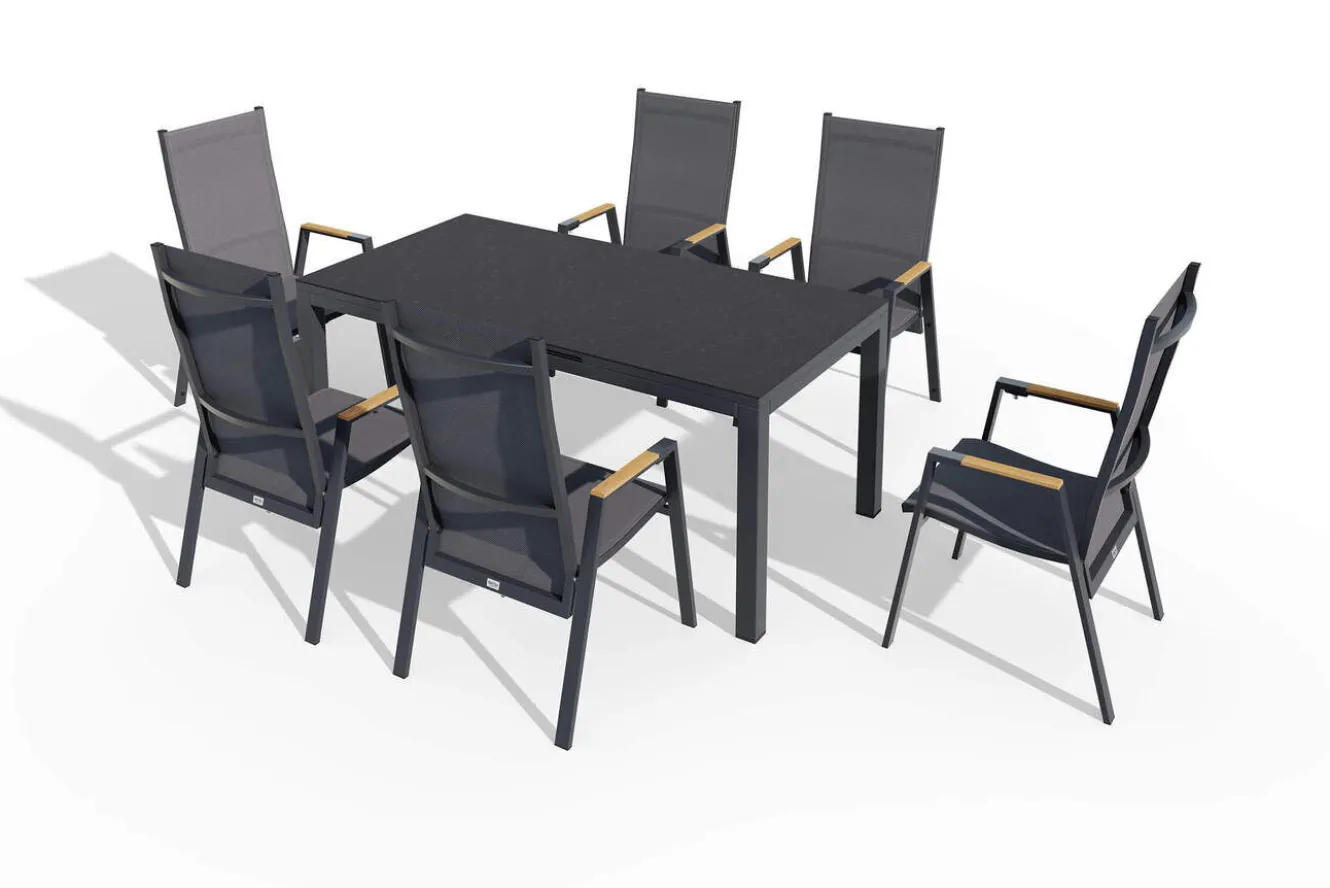 SIENA GARDEN Miros/Savona Move Garten-Essgruppe, Anthrazit, Alu/Textilene, Ausziehtisch 180/240x90 cm, 6 Stapelsessel