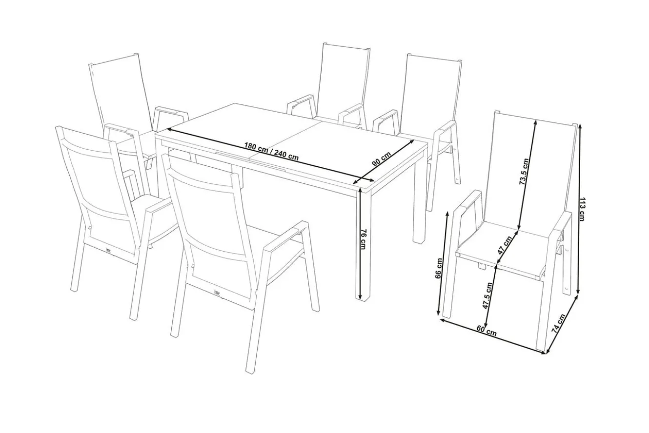 SIENA GARDEN Miros/Savona Move Garten-Essgruppe, Anthrazit, Alu/Textilene, Ausziehtisch 180/240x90 cm, 6 Stapelsessel