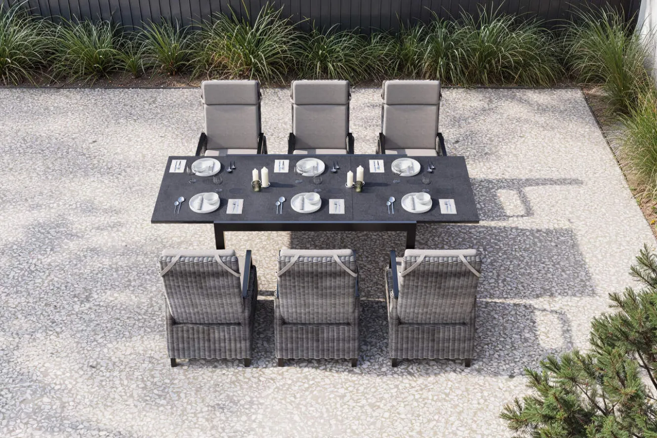 SIENA GARDEN Premium Garten-Essgruppe, anthrazit matt/grau, Aluminium und Polyrattan, Tisch 160/260 x 100 cm, 6 Dining-Sessel