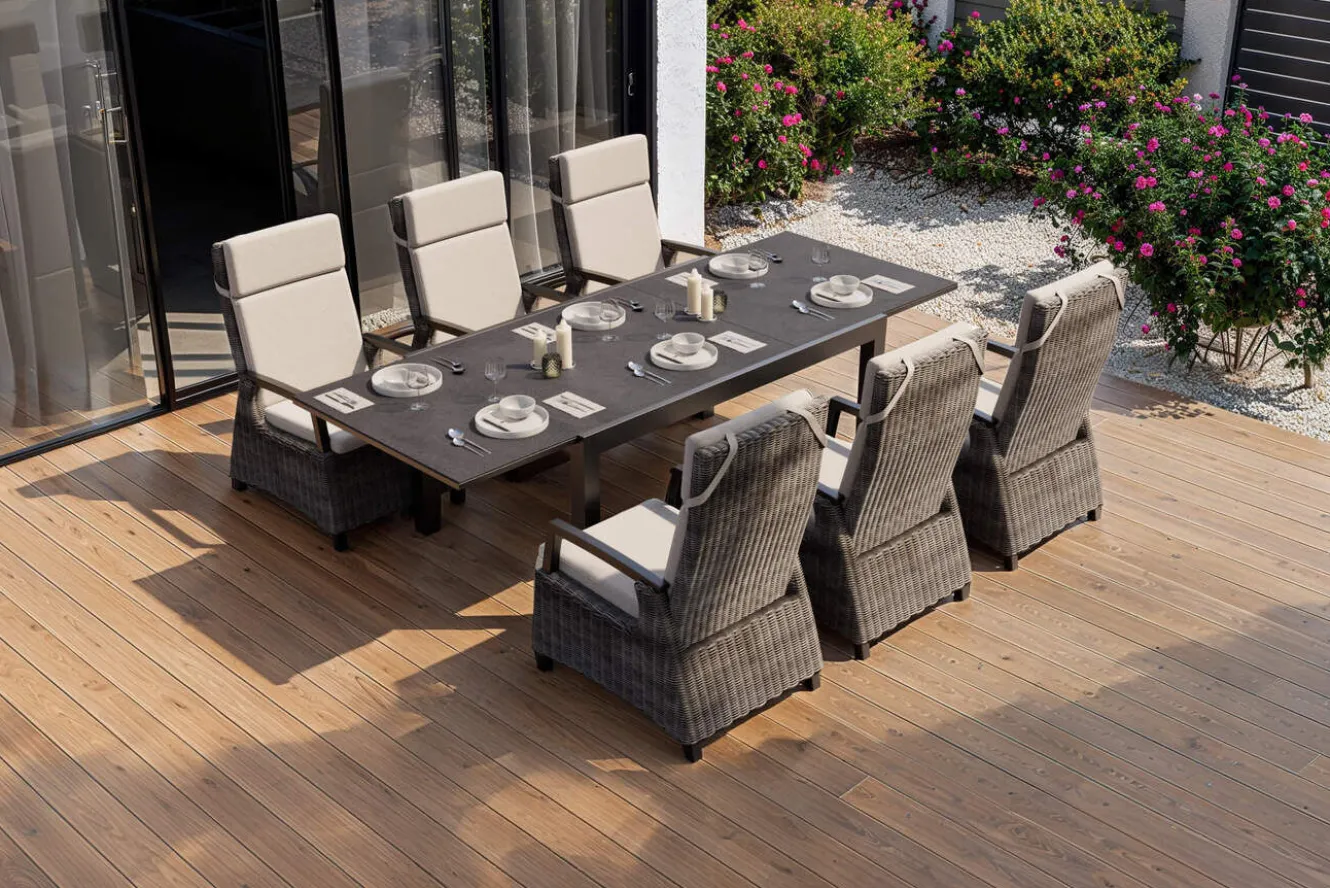 SIENA GARDEN Premium Garten-Essgruppe, anthrazit matt/grau, Aluminium und Polyrattan, Tisch 160/260 x 100 cm, 6 Dining-Sessel