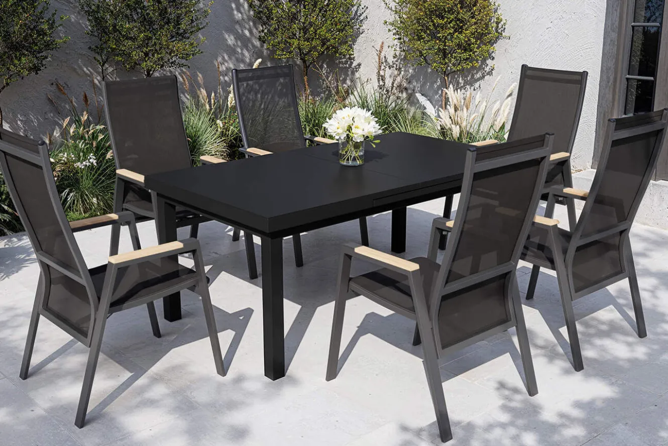 SIENA GARDEN Savona Garten-Essgruppe, anthrazit matt/grau, Alu/Glas/Teak/Ranotex, 180/240 x 100 cm, ausziehbar