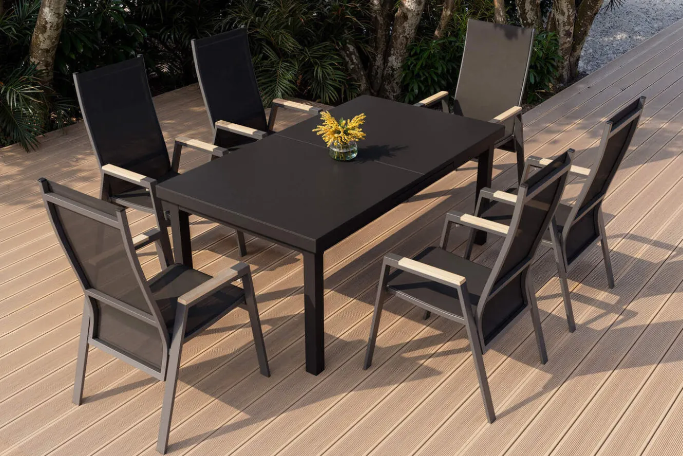 SIENA GARDEN Savona Garten-Essgruppe, anthrazit matt/grau, Alu/Glas/Teak/Ranotex, 180/240 x 100 cm, ausziehbar