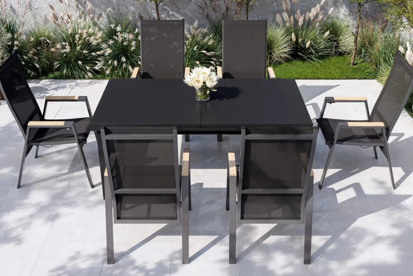 SIENA GARDEN Savona Garten-Essgruppe, anthrazit matt/grau, Alu/Glas/Teak/Ranotex, 180/240 x 100 cm, ausziehbar