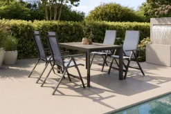 SIENA GARDEN Silva Garten-Essgruppe mit 4 Klappstühlen, anthrazit/grau, Alu/Textilene, Esstisch mit Keramikplatte 140 x 90 cm