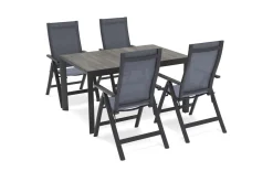 SIENA GARDEN Silva Garten-Essgruppe mit 4 Klappstühlen, anthrazit/grau, Alu/Textilene, Esstisch mit Keramikplatte 140 x 90 cm