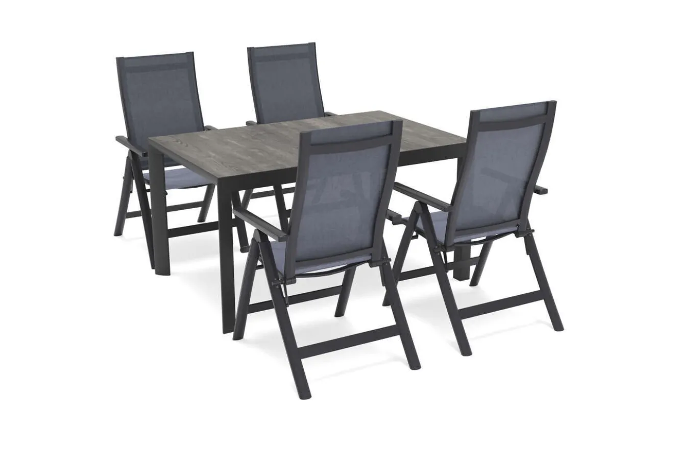 SIENA GARDEN Silva Garten-Essgruppe mit 4 Klappstühlen, anthrazit/grau, Alu/Textilene, Esstisch mit Keramikplatte 140 x 90 cm