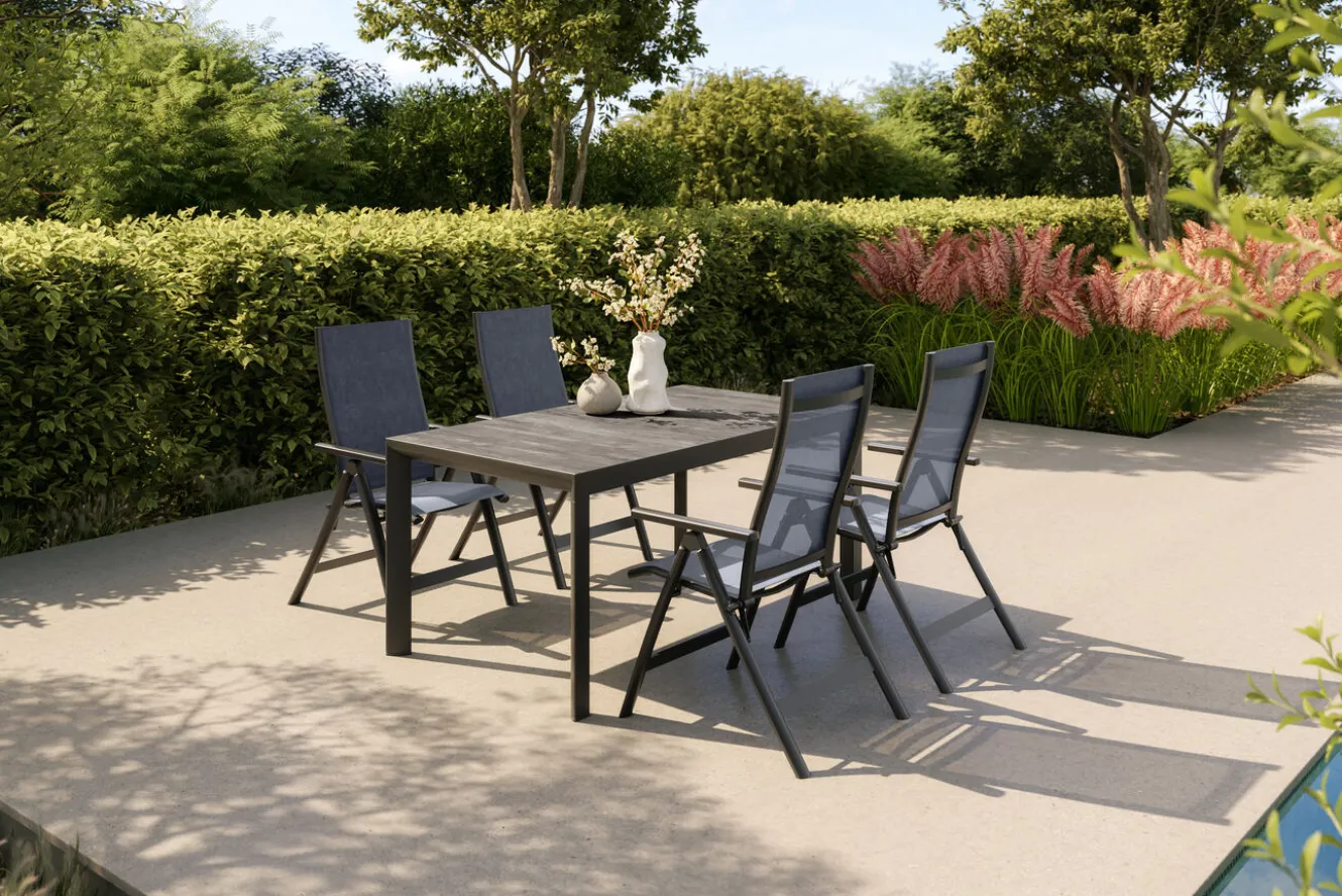 SIENA GARDEN Silva Garten-Essgruppe mit 4 Klappstühlen, anthrazit/grau, Alu/Textilene, Esstisch mit Keramikplatte 160 x 90 cm