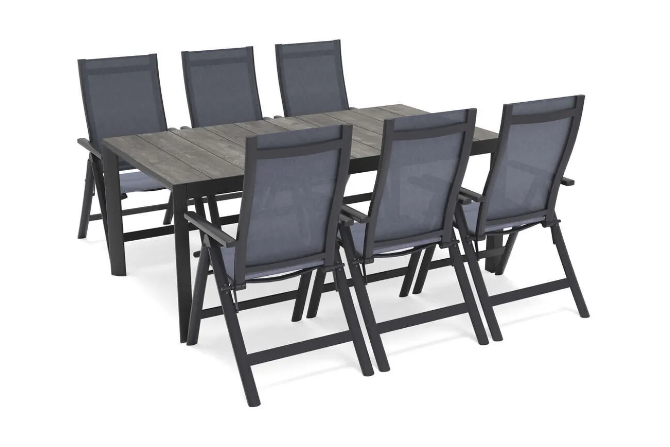 SIENA GARDEN Silva Garten-Essgruppe mit 6 Klappstühlen, anthrazit/grau, Alu/Textilene, Tisch mit Keramikplatte 180 x 100 cm