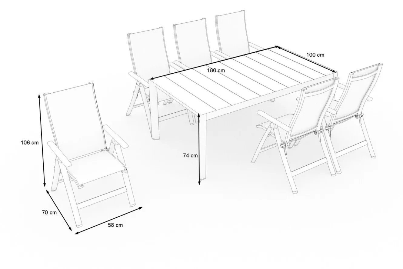SIENA GARDEN Silva Garten-Essgruppe mit 6 Klappstühlen, anthrazit/grau, Alu/Textilene, Tisch mit Keramikplatte 180 x 100 cm