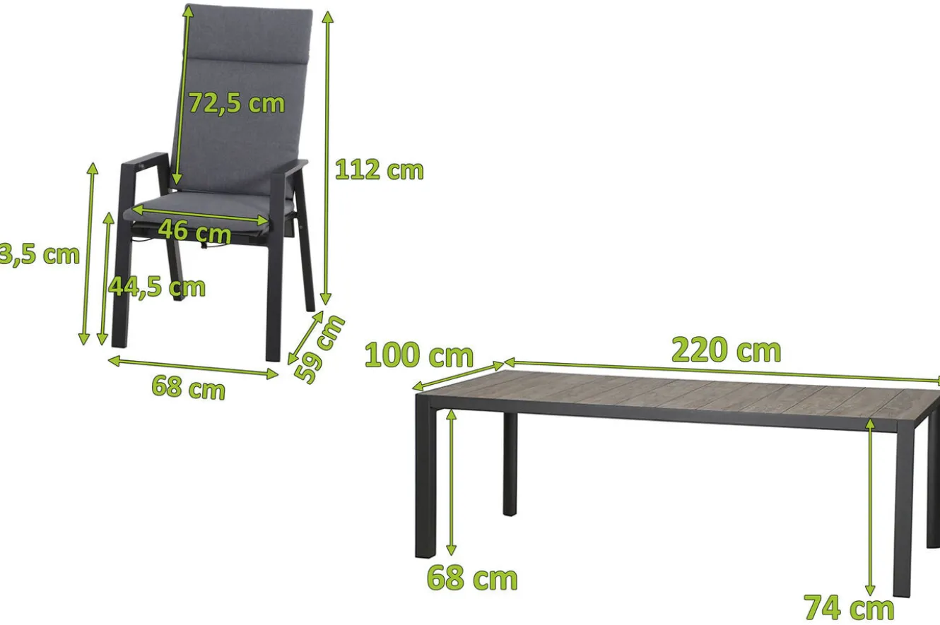 SIENA GARDEN Silva/Valencia Garten-Essgruppe, anthrazit/grau, Alu/Textilgewebe/Keramik, 220 x 100cm, inkl. 6 Diningsessel, stufenlos verstellbar