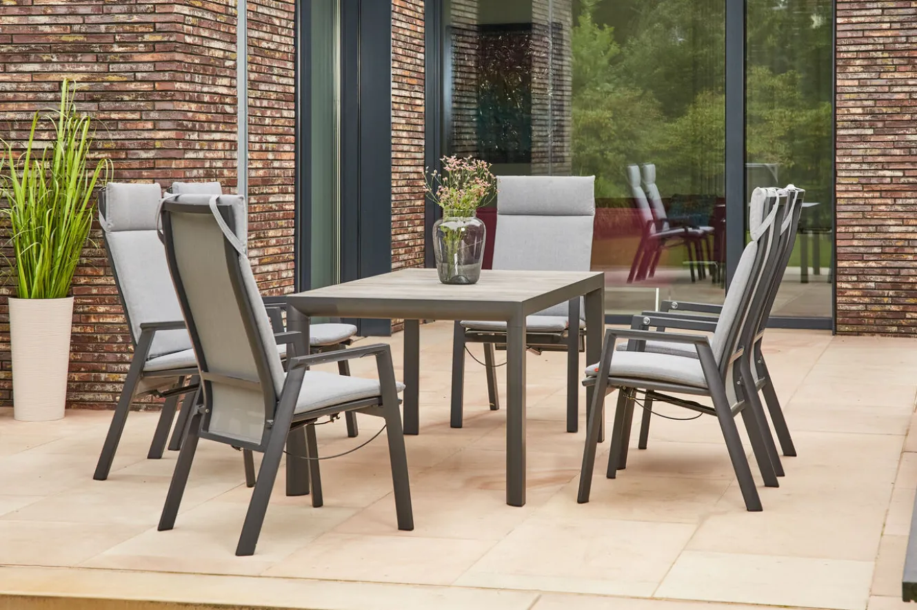 SIENA GARDEN Silva/Valencia Garten-Essgruppe, anthrazit/grau, Alu/Textilgewebe/Keramik, 160 x 90cm, inkl. 6 Diningsessel, stufenlos verstellbar