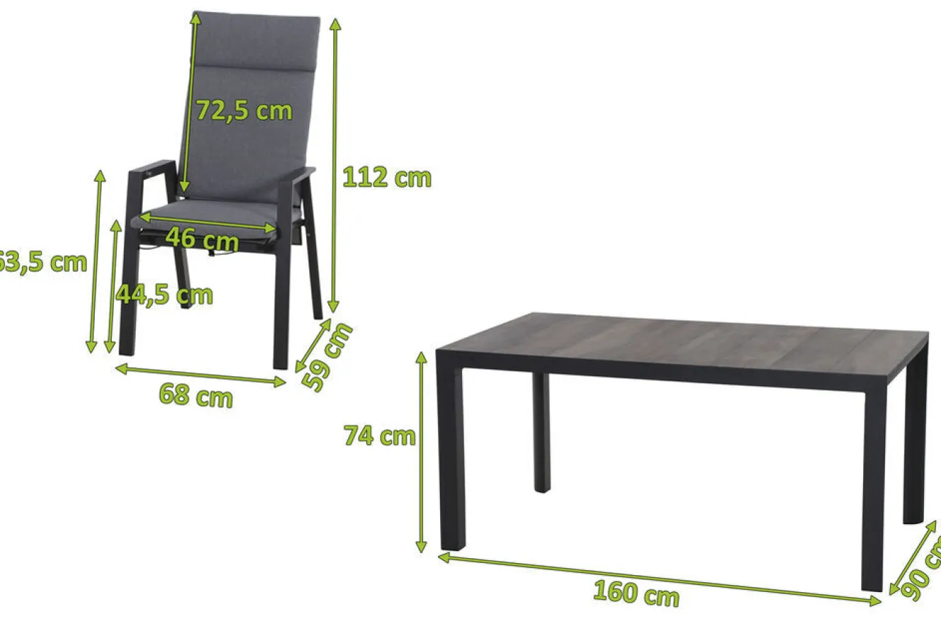 SIENA GARDEN Silva/Valencia Garten-Essgruppe, anthrazit/grau, Alu/Textilgewebe/Keramik, 160 x 90cm, inkl. 6 Diningsessel, stufenlos verstellbar