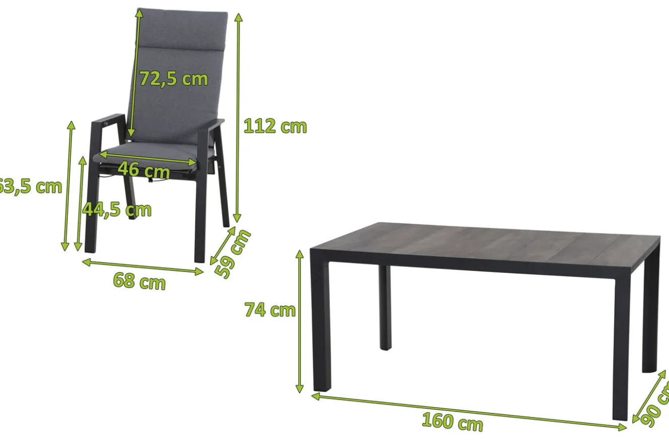 SIENA GARDEN Silva/Valencia Garten-Essgruppe, anthrazit/grau, Alu/Textilgewebe/Keramik, 160 x 90cm, inkl. 6 Diningsessel, stufenlos verstellbar