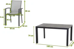 SIENA GARDEN Silva/Velia Garten-Essgruppe, anthrazit/grau, Alu/Ranotex®-Gewebe/Keramik, 140 x 90cm, inkl. 4 Diningsessel