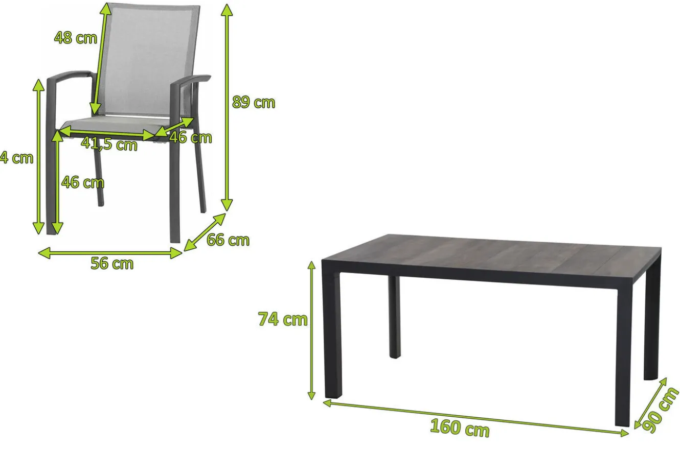 SIENA GARDEN Silva/Velia Garten-Essgruppe, anthrazit/grau, Alu/Ranotex®-Gewebe/Keramik, 160 x 90cm, inkl. 4 Diningsessel