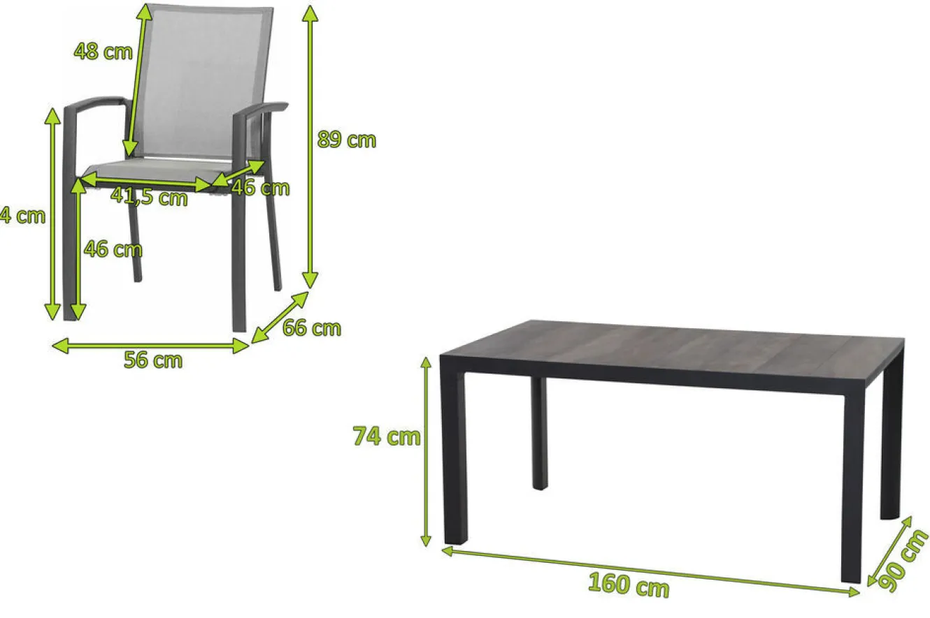 SIENA GARDEN Silva/Velia Garten-Essgruppe, anthrazit/grau, Alu/Ranotex®-Gewebe/Keramik, 160 x 90cm, inkl. 6 Diningsessel