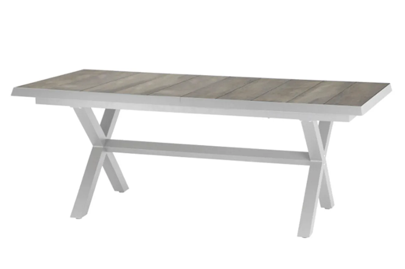 SIENA GARDEN Sincro Ausziehtisch, matt weiß-grau/washed grey, Alu/Keramik, 200/260x100 cm, synchroner Auszugsmechanismus