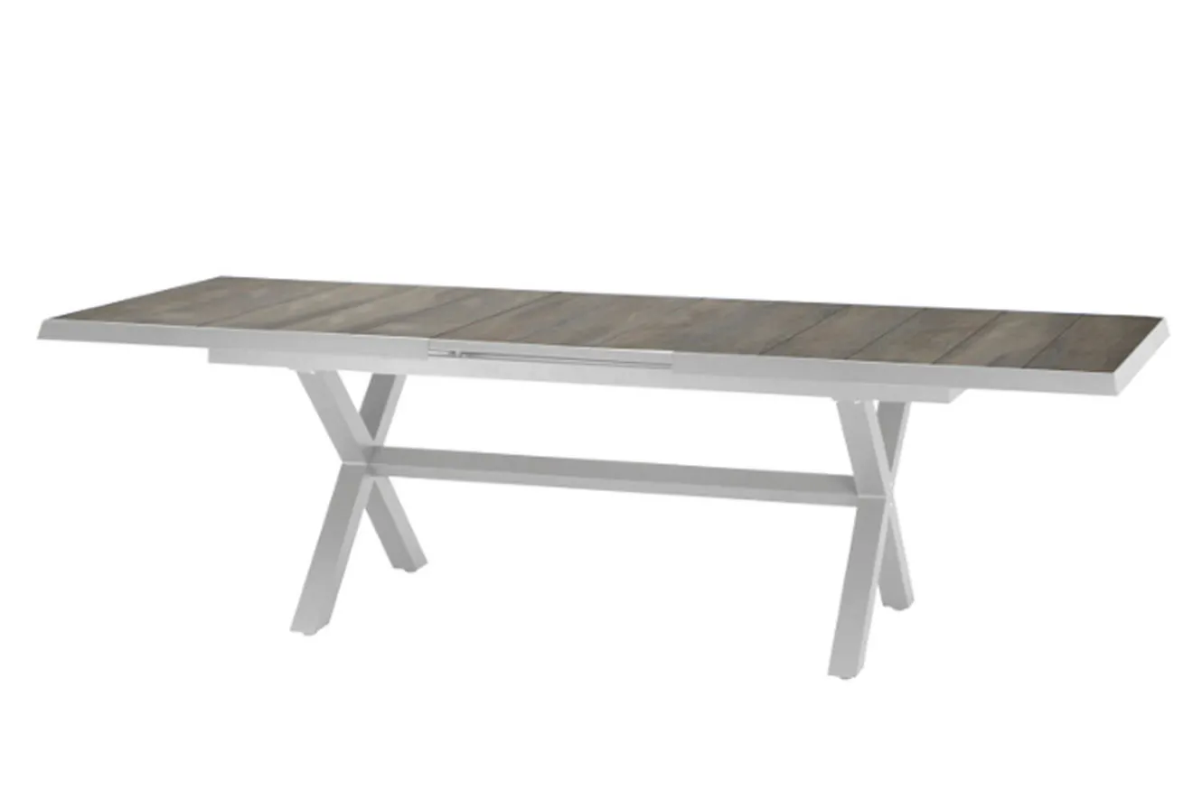 SIENA GARDEN Sincro Ausziehtisch, matt weiß-grau/washed grey, Alu/Keramik, 200/260x100 cm, synchroner Auszugsmechanismus