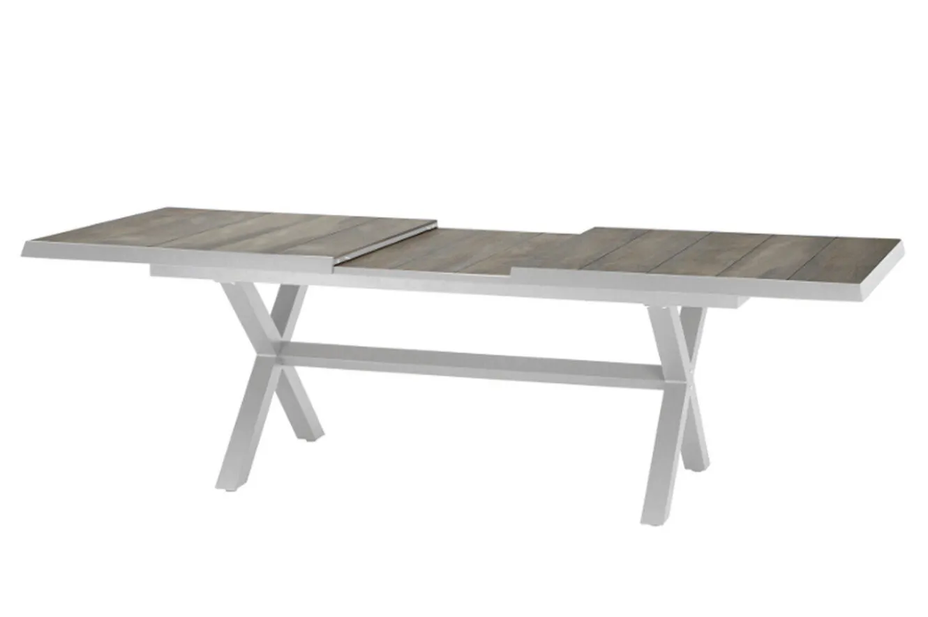 SIENA GARDEN Sincro Ausziehtisch, matt weiß-grau/washed grey, Alu/Keramik, 200/260x100 cm, synchroner Auszugsmechanismus