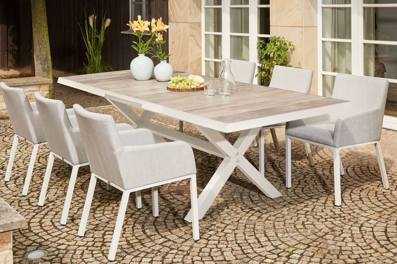 SIENA GARDEN Sincro Ausziehtisch, matt weiß-grau/washed grey, Alu/Keramik, 200/260x100 cm, synchroner Auszugsmechanismus
