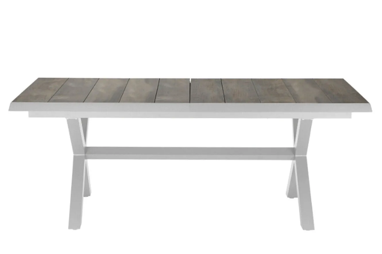 SIENA GARDEN Sincro/Velia Garten-Essgruppe für 6 Personen, matt weiß-grau/washed grey, Alu/Ranotex, ausziehbare Tischplatte aus Keramik, stapelbare Stühle