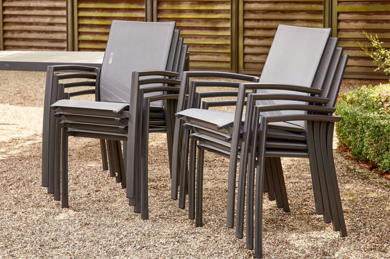 SIENA GARDEN Velia / Silva Garten-Essgruppe, anthrazit/washed grey, Alu/Ranotex/Keramik, 6 Sessel, Tisch 180 x 100 cm