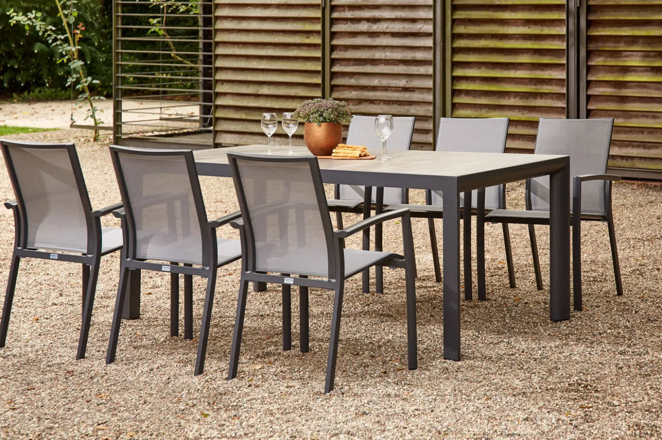 SIENA GARDEN Velia / Silva Garten-Essgruppe, anthrazit/washed grey, Alu/Ranotex/Keramik, 6 Sessel, Tisch 180 x 100 cm