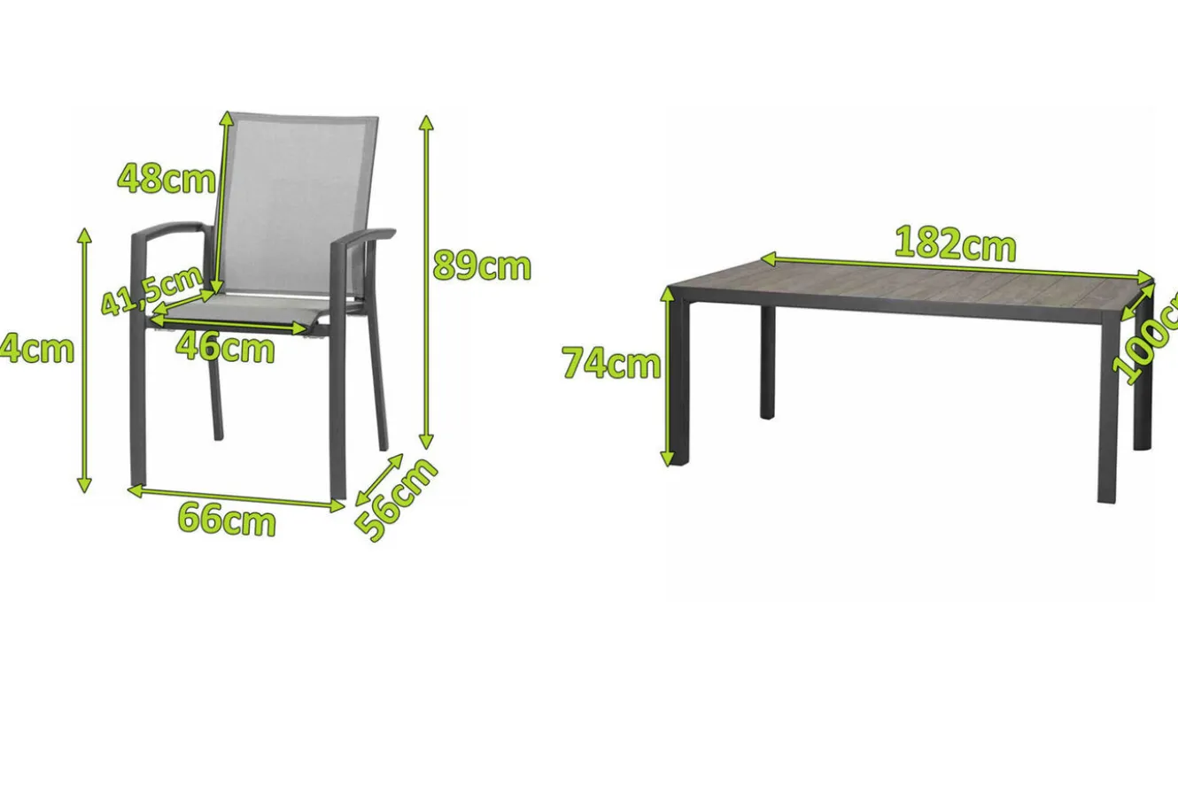 SIENA GARDEN Velia / Silva Garten-Essgruppe, anthrazit/washed grey, Alu/Ranotex/Keramik, 6 Sessel, Tisch 180 x 100 cm